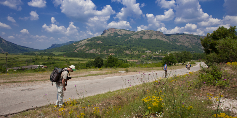 wandelaars langs een weg met in de achtergrond bergen